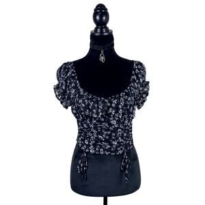 Black Floral Ruffle Milkmaid Coquette Goth Whimsigoth Romantic Vamp Blouse Sz M